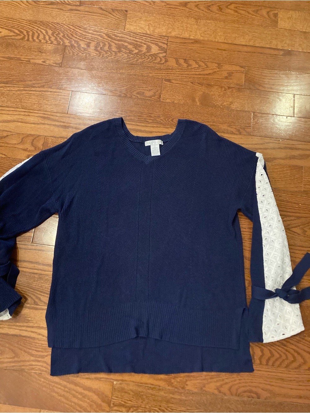 Navy V-Neck cotton Sweater with White Eyelet Sleeve Detail